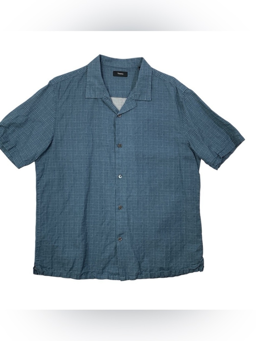 Theory XL blue white dot plaid Linen cotton blend Short Sleeve button up shirt